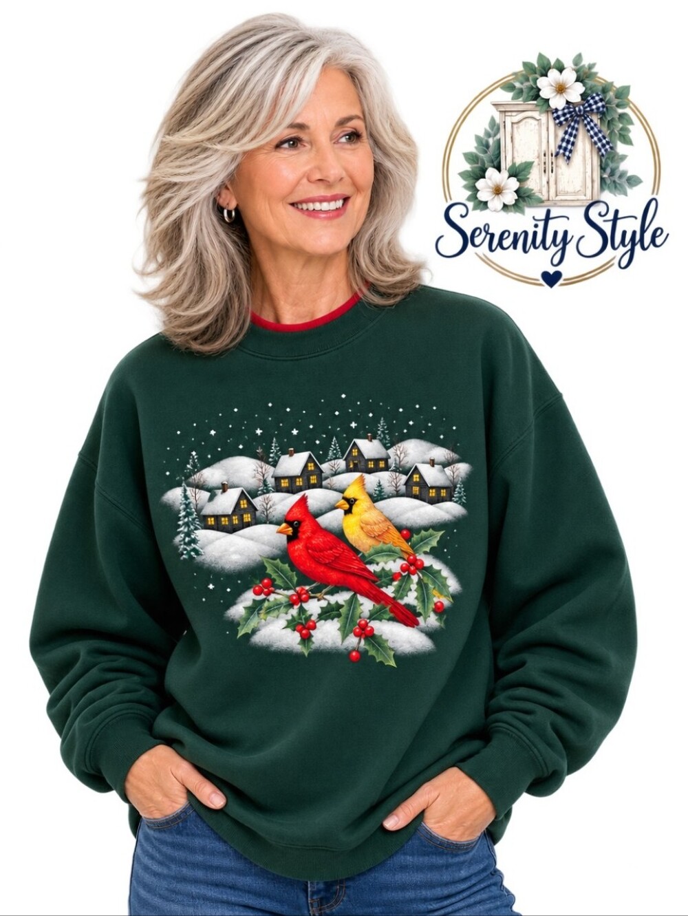 VINTAGE Morning Sun Large Cardinal Winter Scene Crewneck Sweatshirt Holiday